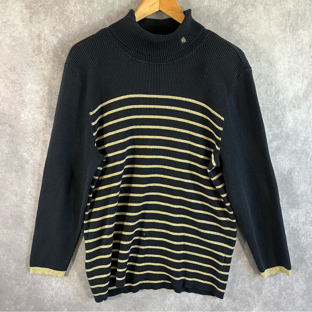 Lauren Ralph Lauren Sweater Women 3XL Black Gold Stripe Turtleneck Preppy Logo